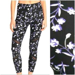 DKNY Sport Floral Print Mesh Inset Trim Athletic Training Yoga Pants Leggings XS